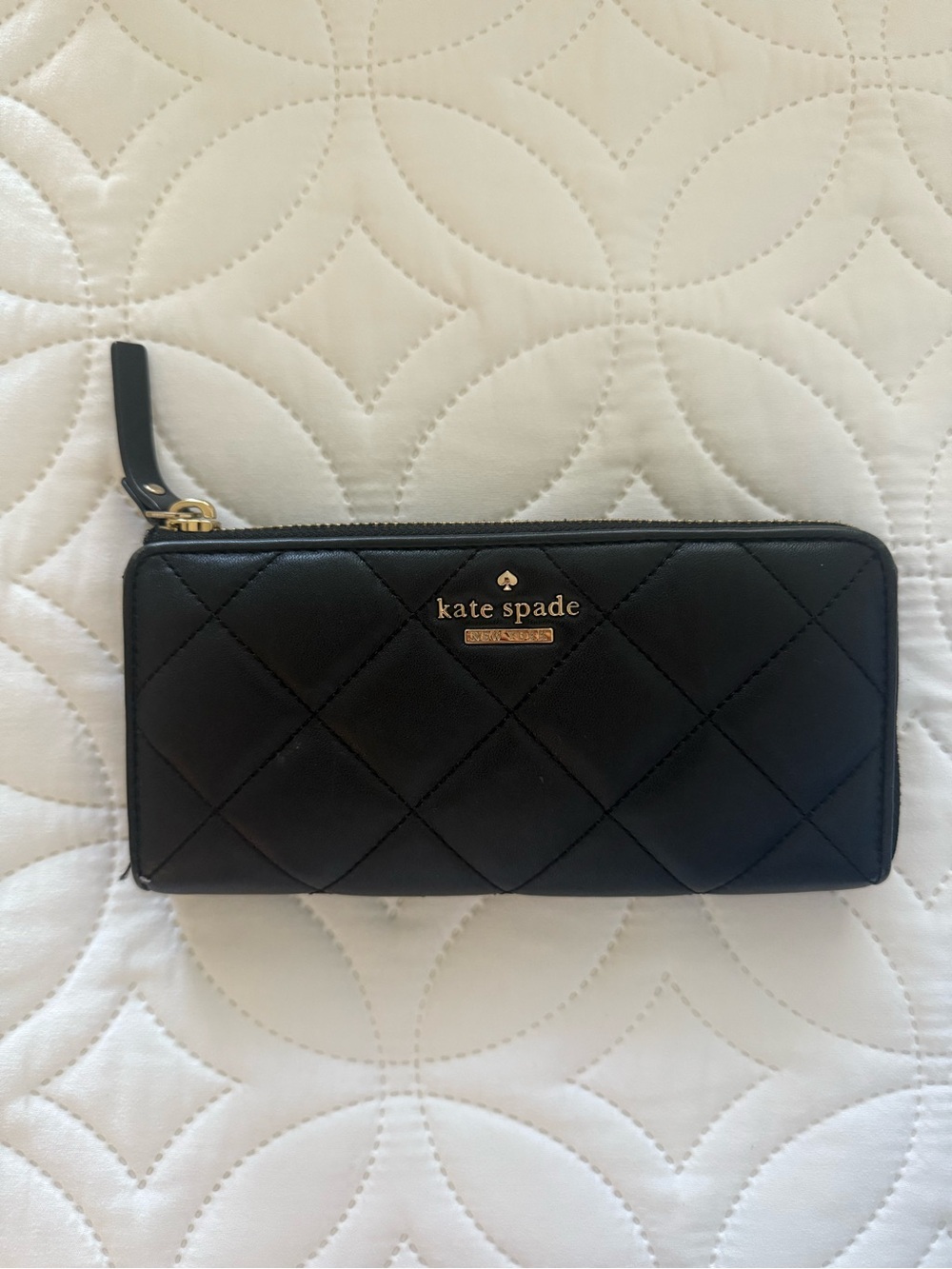 kate spade Black Quilted Leather Zip Wallet with Gold Hardware